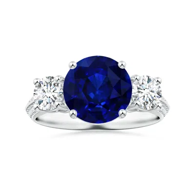 Angara Gia Certified Blue Sapphire Knife Edge Three Stone Ring With Diamonds