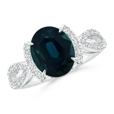 Angara Gia Certified Blue Sapphire Split Shank Ring With Diamond Half Halo In Metallic