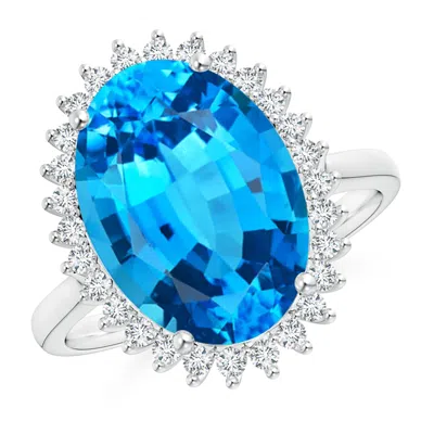 Angara Gia Certified Classic Oval Swiss Blue Topaz Floral Halo Ring In White
