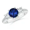 Angara Gia Certified Classic Sapphire And Diamond Three Stone Ring In White Gold/medium To Rich Blue