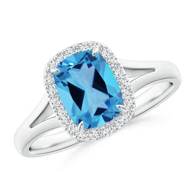 Angara Gia Certified Claw-set Cushion Rectangular Swiss Blue Topaz Halo Split Shank Ring In Metallic