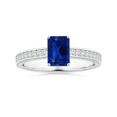 Angara Gia Certified Claw-set Emerald-cut Blue Sapphire Leaf Ring With Diamonds In Metallic