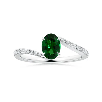 Angara Gia Certified Claw-set Oval Tsavorite Bypass Ring With Diamonds In Metallic