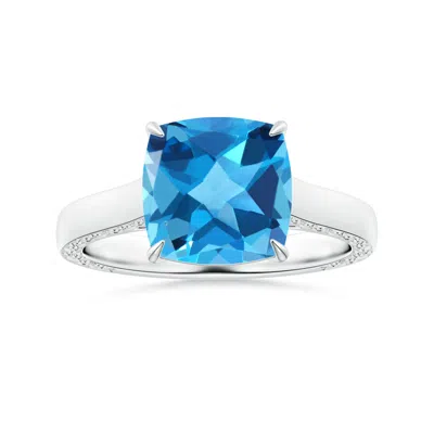 Angara Gia Certified Claw-set Solitaire Cushion Swiss Blue Topaz Ring With Scrollwork