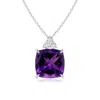 Angara Gia Certified Cushion Amethyst Pendant With Trio Diamonds In White Gold/dark Purple