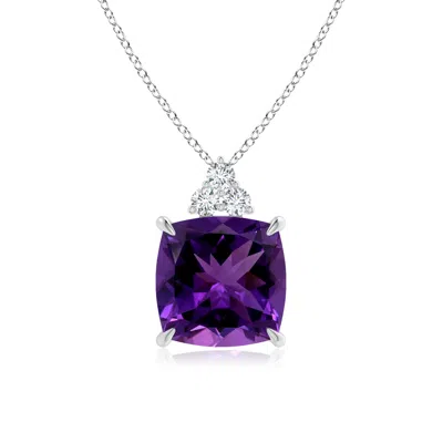 Angara Gia Certified Cushion Amethyst Pendant With Trio Diamonds In Metallic