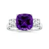 Angara Gia Certified Cushion Amethyst Three Stone Ring With Feather Motifs In White Gold/dark Purple