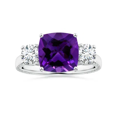 Angara Gia Certified Cushion Amethyst Three Stone Ring With Feather Motifs In Blue