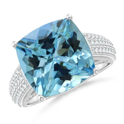 Angara Gia Certified Cushion Aquamarine Ring With Pave-set Diamonds In Metallic