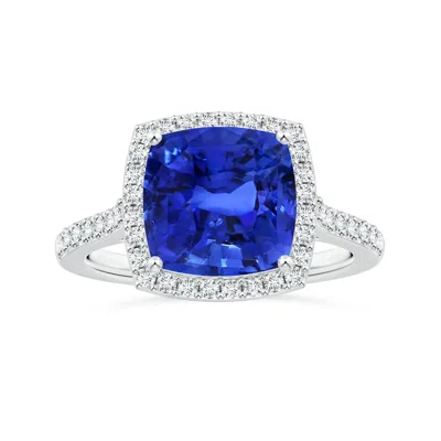 Angara Gia Certified Cushion Blue Sapphire Halo Ring With Diamonds In Metallic