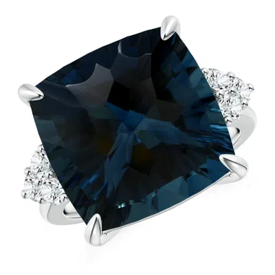Angara Gia Certified Cushion London Blue Topaz Engagement Ring With Trio Diamonds