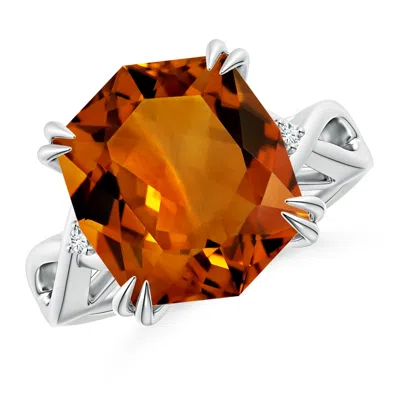 Angara Gia Certified Cushion Rectangular Citrine Crossover Ring With Diamond Accents In Orange
