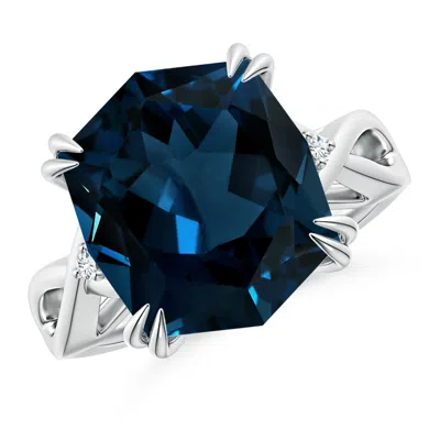 Angara Gia Certified Cushion Rectangular London Blue Topaz Crossover Ring With Diamond Accents
