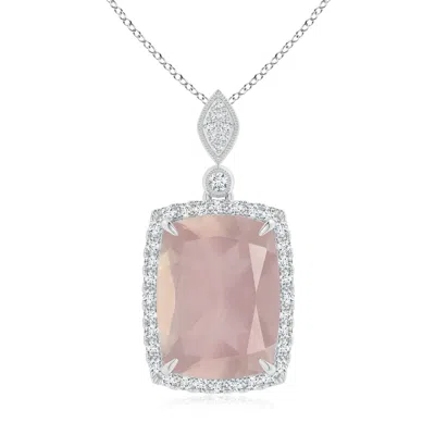 Angara Gia Certified Cushion Rectangular Rose Quartz Pendant With Halo In Metallic