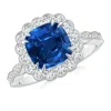 Angara Gia Certified Cushion Sapphire Ring With Floral Halo In White Gold/deep Rich Blue