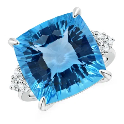 Angara Gia Certified Cushion Swiss Blue Topaz Engagement Ring With Trio Diamonds