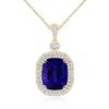 Angara Gia Certified Cushion Tanzanite Double Halo Pendant In Yellow Gold/deep Rich Violet Blue