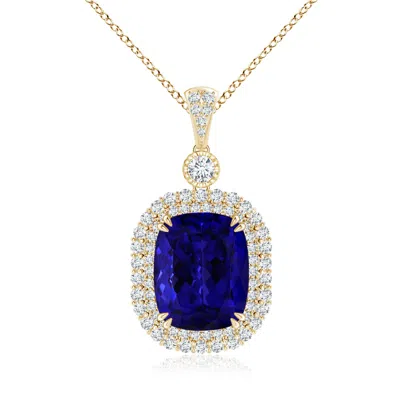 Angara Gia Certified Cushion Tanzanite Double Halo Pendant In Gold