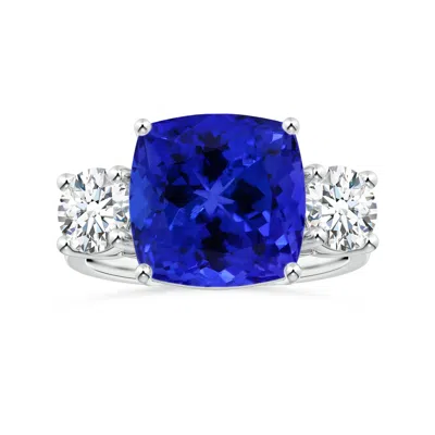 Angara Gia Certified Cushion Tanzanite Three Stone Ring With Diamonds In Blue