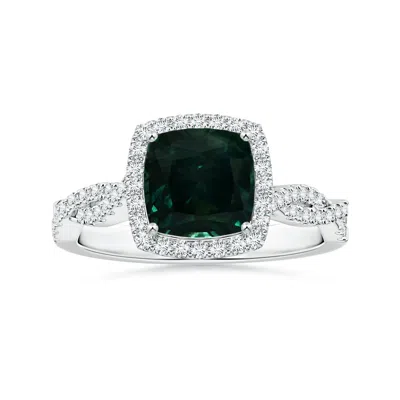 Angara Gia Certified Cushion Teal Sapphire Halo Twisted Shank Ring With Diamonds In Metallic
