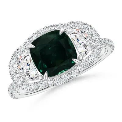 Angara Gia Certified Cushion Teal Sapphire Ring With Half Moon Diamonds In Metallic