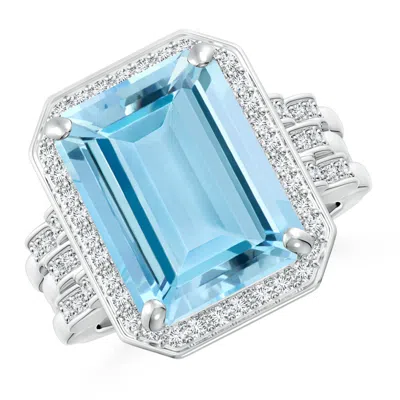 Angara Gia Certified Emerald Cut Aquamarine Brick Pattern Halo Ring In Metallic