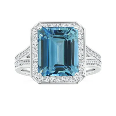 Angara Gia Certified Emerald-cut Aquamarine Halo Ring With Diamond Split Shank In Blue