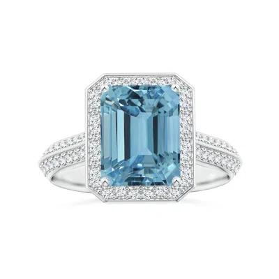 Angara Gia Certified Emerald-cut Aquamarine Halo Ring With Knife-edge Diamond Shank In Blue