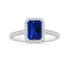 Angara Gia Certified Emerald-cut Blue Sapphire Halo Ring With Diamonds In White Gold/medium To Rich Blue