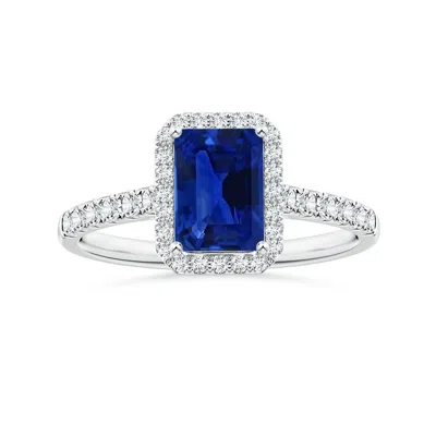 Angara Gia Certified Emerald-cut Blue Sapphire Halo Ring With Diamonds In Metallic