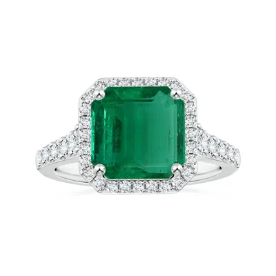 Angara Gia Certified Emerald-cut Emerald Tapered Shank Ring With Diamond Halo In Metallic