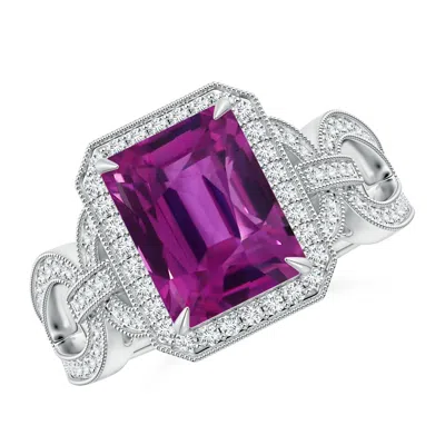 Angara Gia Certified Emerald Cut Pink Sapphire Ring With Diamond Halo In Purple