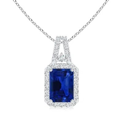 Angara Gia Certified Emerald Cut Sapphire Halo Pendant In Metallic
