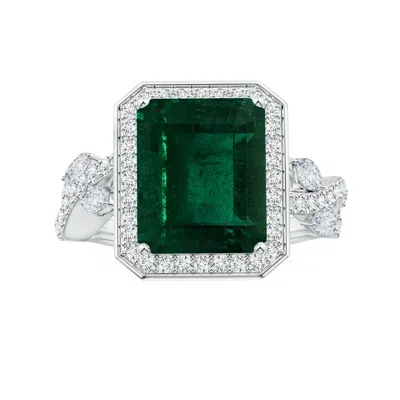 Angara Gia Certified Nature Inspired Emerald-cut Emerald Halo Ring With Diamonds In Metallic