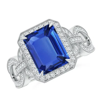 Angara Gia Certified Octagonal Blue Sapphire Ring With Diamond Halo In White