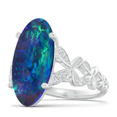 Angara Gia Certified Oval Black Opal Diamond Studded Butterfly Cocktail Ring In Blue