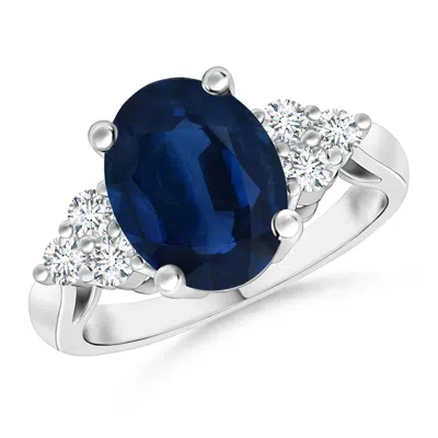 Angara Gia Certified Oval Blue Sapphire Ring With Trio Diamonds In Metallic