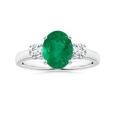 Angara Gia Certified Oval Columbian Emerald Three Stone Ring With Diamonds In Metallic