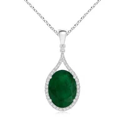 Angara Gia Certified Oval Emerald Loop Pendant With Diamond Halo In Metallic