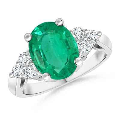 Angara Gia Certified Oval Emerald Ring With Trio Diamonds In Metallic