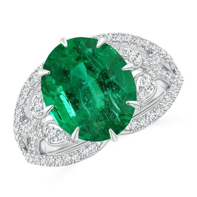Angara Gia Certified Oval Emerald Solitaire Ring With Leaf Motifs In Metallic