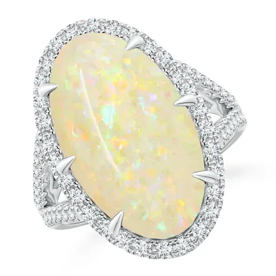Angara Gia Certified Oval Opal Split Shank Ring With Diamond Halo In Metallic