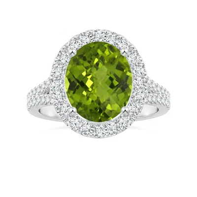 Angara Gia Certified Oval Peridot Split Shank Ring With Diamond Halo In Metallic