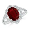 Angara Gia Certified Oval Ruby Floral Halo Split Shank Ring In White Gold/medium Red