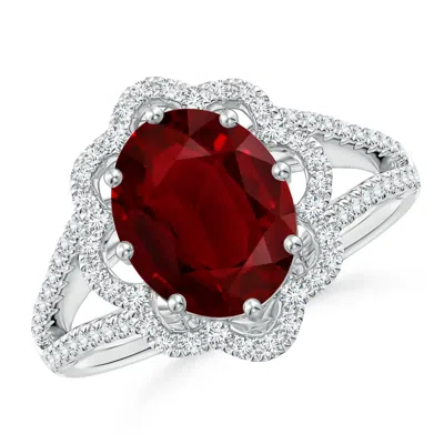 Angara Gia Certified Oval Ruby Floral Halo Split Shank Ring In Metallic