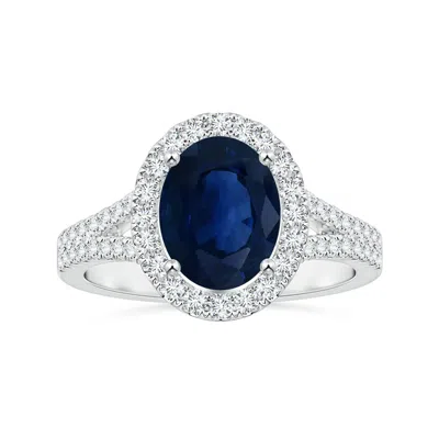 Angara Gia Certified Oval Sapphire Halo Split Shank Ring With Diamonds In Blue