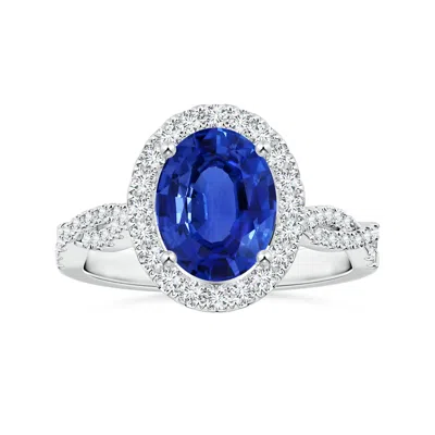 Angara Gia Certified Oval Sapphire Halo Twisted Shank Ring With Diamonds In Blue