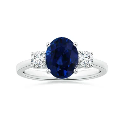 Angara Gia Certified Oval Sapphire Three Stone Reverse Tapered Shank Ring With Diamonds In Blue