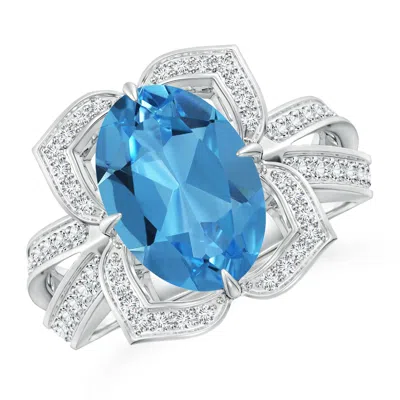 Angara Gia Certified Oval Swiss Blue Topaz Floral Cocktail Ring In Metallic