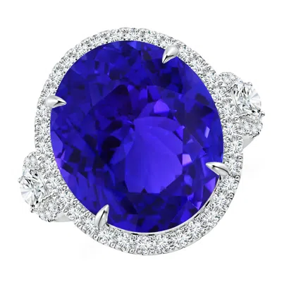 Angara Gia Certified Oval Tanzanite Three Stone Ring With Diamond In Blue